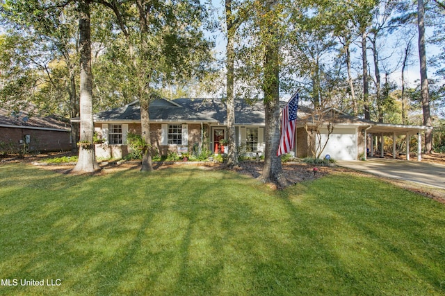 single story home with a front yard, a garage, and a carport