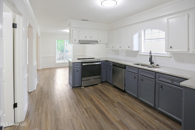 kitchen with visible vents, under cabinet range hood, a sink, stainless steel appliances, and gray cabinetry