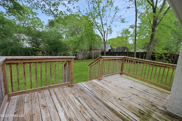 deck featuring a fenced backyard and a lawn