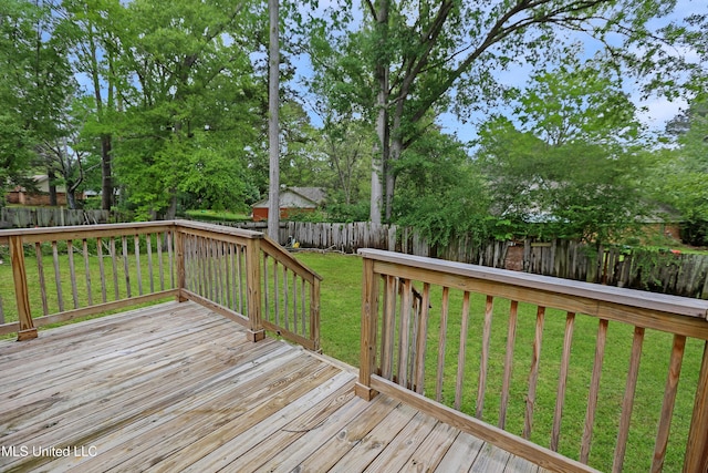 wooden deck with a yard and a fenced backyard