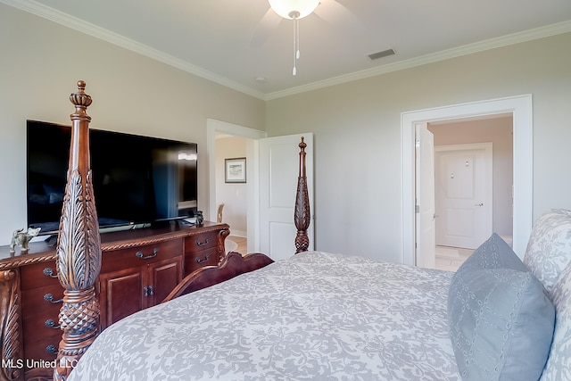 bedroom featuring connected bathroom, ceiling fan, and ornamental molding