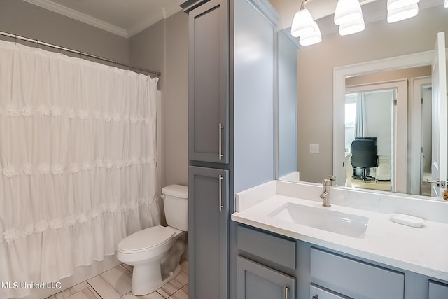 bathroom with walk in shower, tile patterned flooring, crown molding, toilet, and vanity