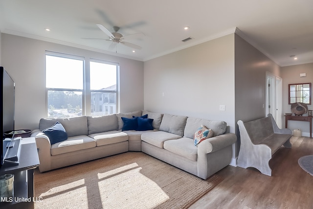 living room featuring ceiling fan, wood-type flooring, and crown molding