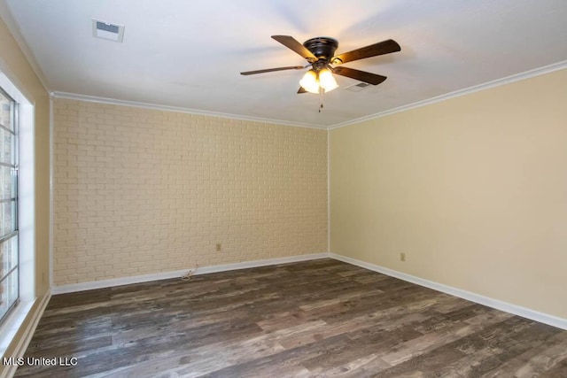 13128 Hanover Dr, Ocean Springs, MS 39564 - unfurnished room featuring brick wall, wood finished floors, a ceiling fan, and ornamental molding