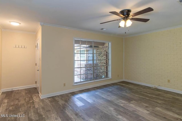 13128 Hanover Dr, Ocean Springs, MS 39564 - empty room featuring brick wall, wood finished floors, ornamental molding, and ceiling fan