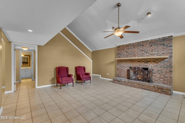 unfurnished room with light tile patterned floors, a brick fireplace, crown molding, and baseboards