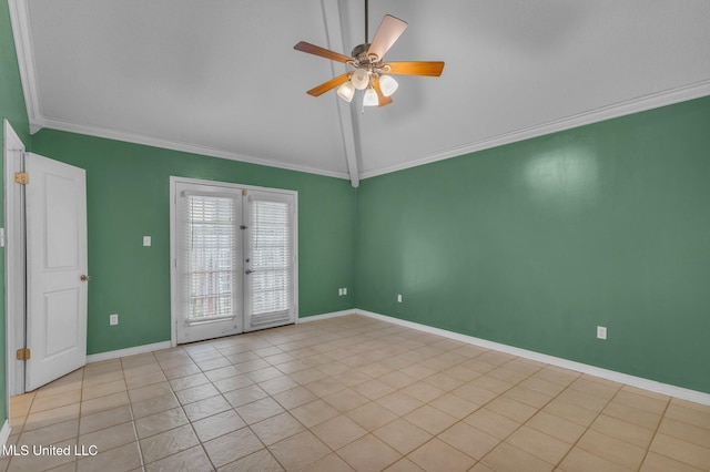 unfurnished room featuring baseboards, ceiling fan, vaulted ceiling, ornamental molding, and light tile patterned flooring