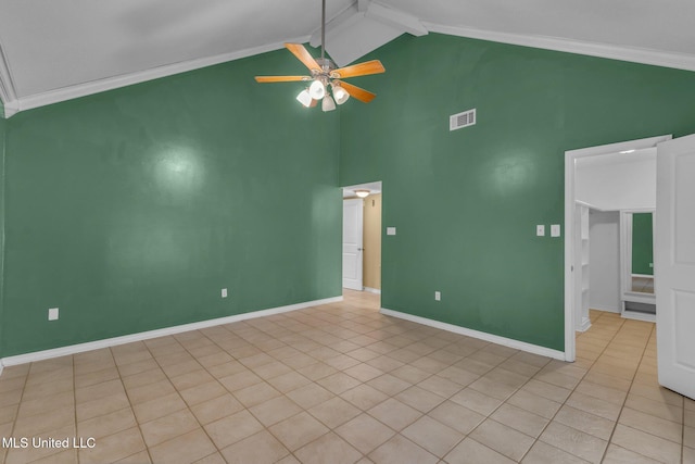 spare room featuring a ceiling fan, baseboards, visible vents, beam ceiling, and crown molding