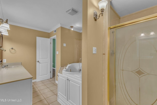 bathroom with tile patterned flooring, visible vents, an enclosed shower, and ornamental molding