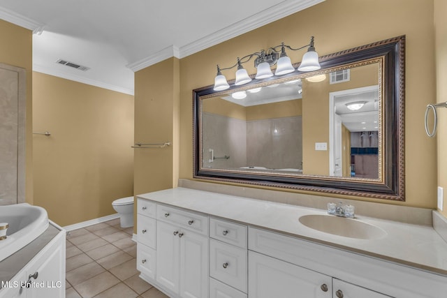 full bath with tile patterned floors, visible vents, vanity, and ornamental molding