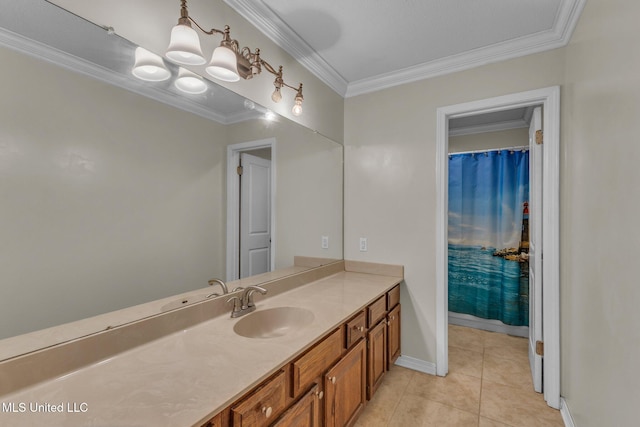 full bathroom with vanity, crown molding, baseboards, and tile patterned floors