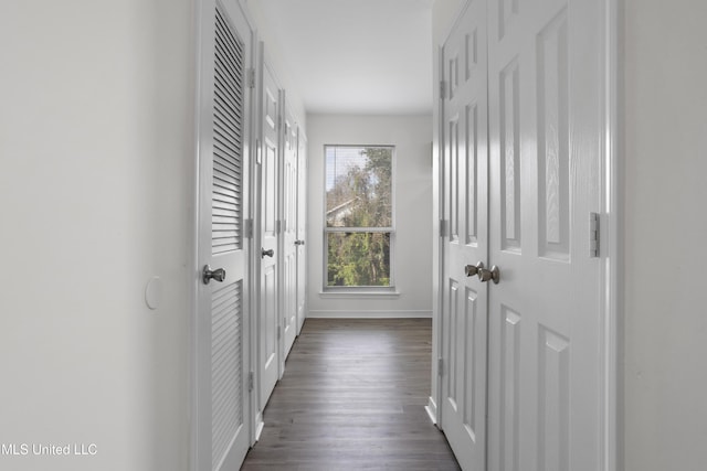 corridor with dark hardwood / wood-style flooring