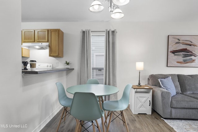 dining space featuring light hardwood / wood-style floors and a notable chandelier