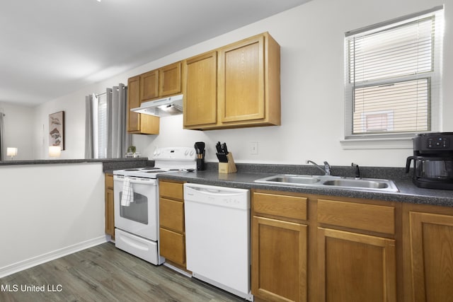 kitchen featuring white appliances, dark hardwood / wood-style floors, and sink