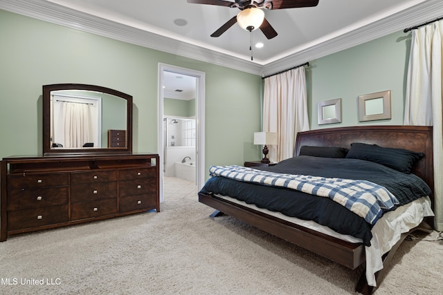 carpeted bedroom with ceiling fan, ornamental molding, and connected bathroom