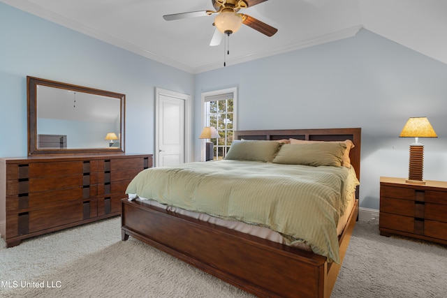 bedroom featuring ceiling fan, crown molding, and light carpet