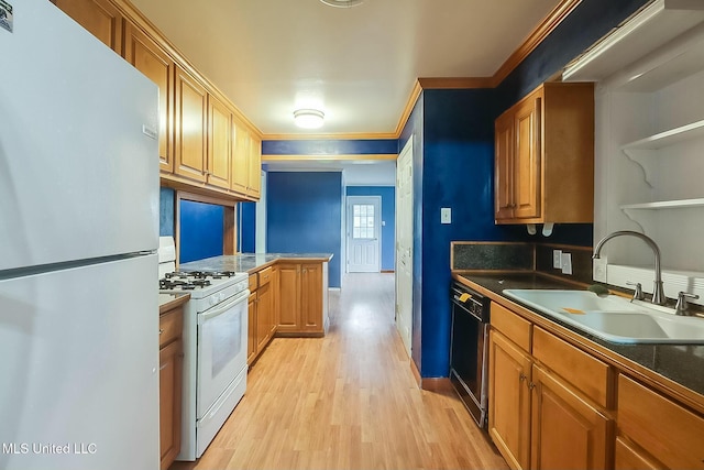 kitchen featuring ornamental molding, sink, white appliances, and light wood-type flooring