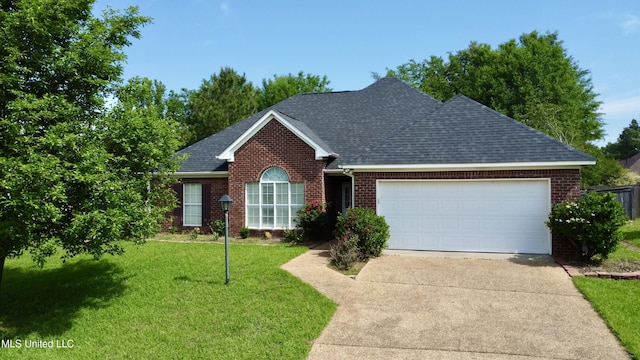 ranch-style house with a front lawn, roof with shingles, brick siding, concrete driveway, and an attached garage