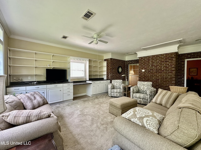 living area featuring visible vents, ornamental molding, ceiling fan, and light colored carpet