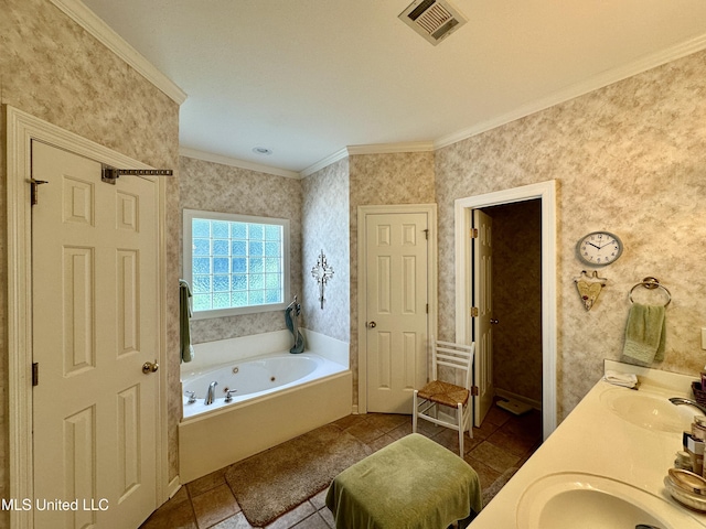 full bath featuring a bath, visible vents, crown molding, a sink, and wallpapered walls