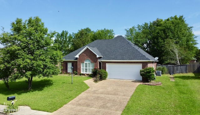 ranch-style house featuring an attached garage, a shingled roof, fence, and brick siding