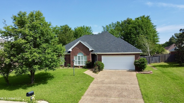 ranch-style home featuring a front lawn, fence, brick siding, concrete driveway, and an attached garage