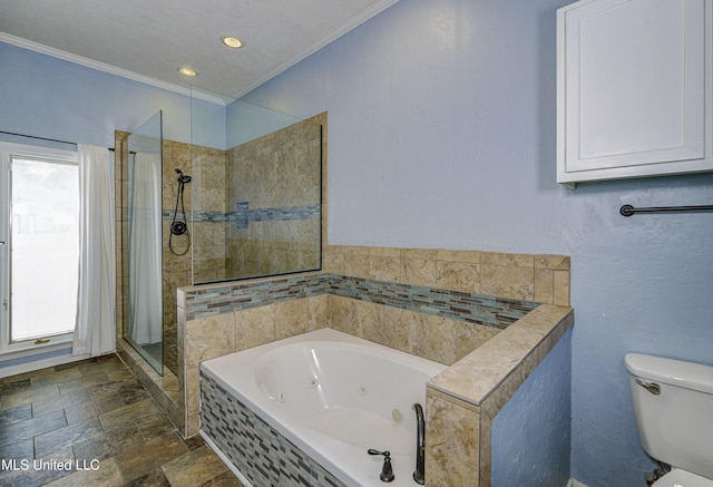 3099 E Fairway Dr, Brandon, MS 39047 - bathroom with ornamental molding, tiled shower, a whirlpool tub, toilet, and stone finish floors