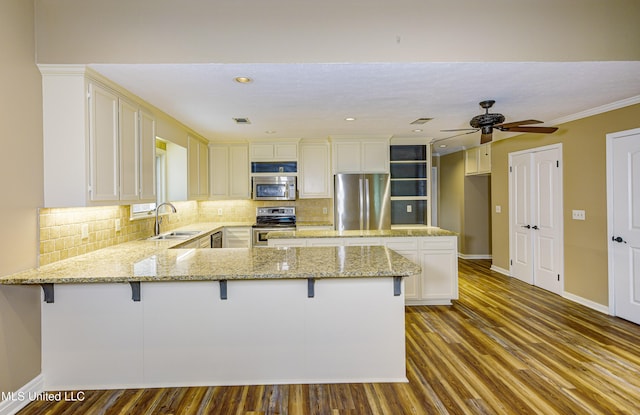 3099 E Fairway Dr, Brandon, MS 39047 - kitchen featuring stainless steel appliances, a peninsula, a sink, decorative backsplash, and light stone countertops