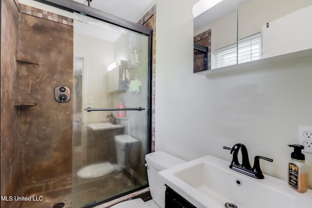 bathroom featuring toilet, a stall shower, and a sink