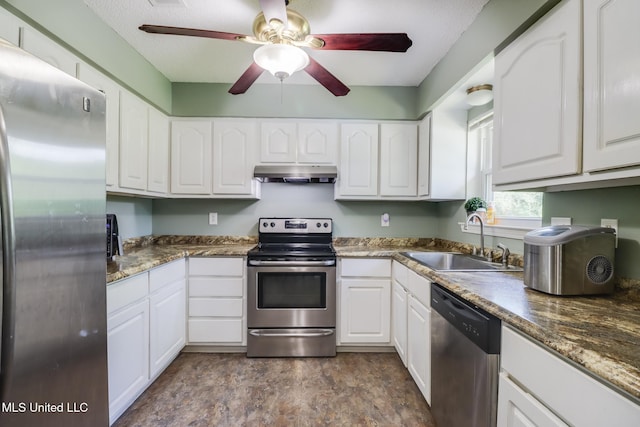 kitchen featuring a sink, ventilation hood, ceiling fan, white cabinets, and appliances with stainless steel finishes