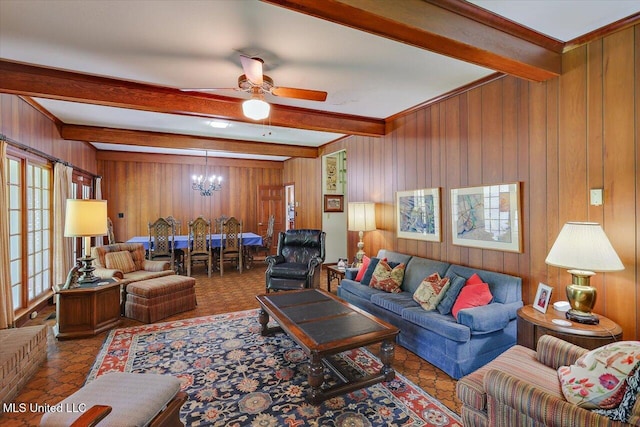 350 Whitfield Rd, Brandon, MS 39042 - living area featuring beamed ceiling, a chandelier, wood walls, and a ceiling fan