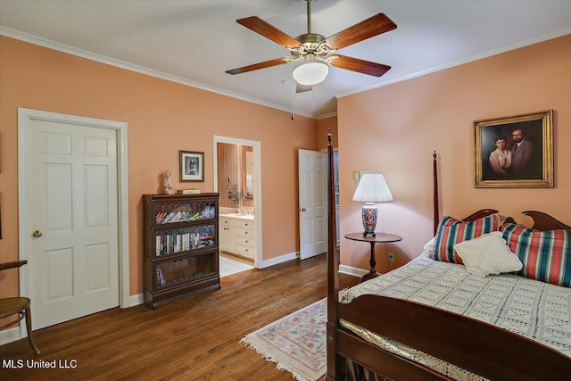 350 Whitfield Rd, Brandon, MS 39042 - bedroom with ornamental molding, wood finished floors, ensuite bath, and ceiling fan
