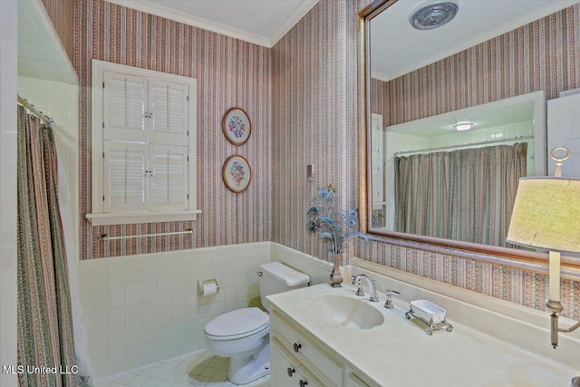 350 Whitfield Rd, Brandon, MS 39042 - bathroom featuring wallpapered walls, crown molding, vanity, a wainscoted wall, and tile patterned floors