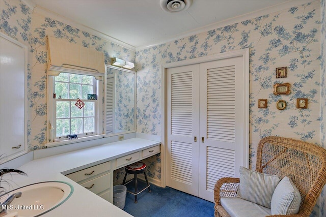 350 Whitfield Rd, Brandon, MS 39042 - office featuring wallpapered walls, dark colored carpet, and ornamental molding
