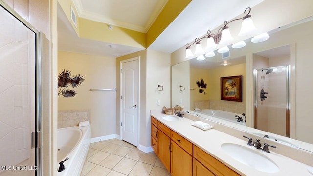 1200 Beach Dr Unit 806, Gulfport, MS 39507 - full bath with tile patterned flooring, a bath, a shower stall, double vanity, and ornamental molding