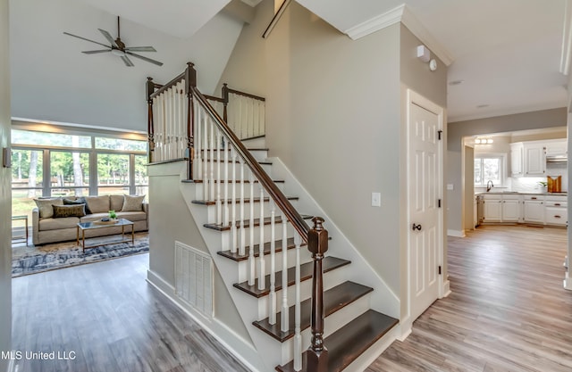 staircase featuring hardwood / wood-style flooring, ceiling fan, and a healthy amount of sunlight