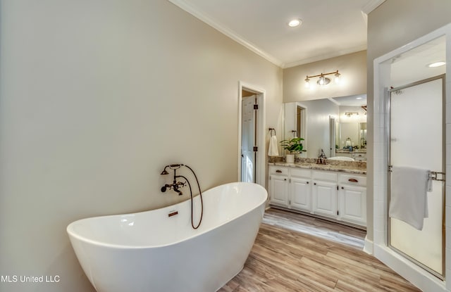 bathroom featuring independent shower and bath, wood-type flooring, vanity, and crown molding