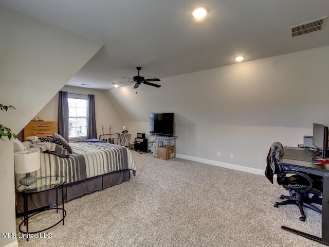 carpeted bedroom featuring ceiling fan and lofted ceiling