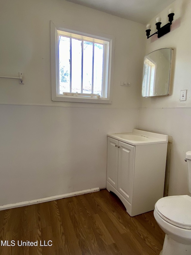 bathroom featuring vanity, wood finished floors, and toilet