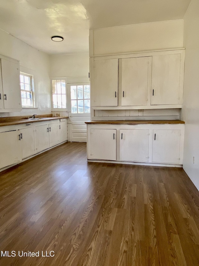 kitchen with dark wood-type flooring, white cabinetry, and a sink