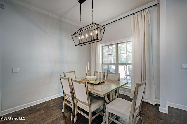 236 Cooper Ln, Canton, MS 39046 - dining space with visible vents, baseboards, an inviting chandelier, ornamental molding, and dark wood-style floors