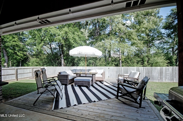 236 Cooper Ln, Canton, MS 39046 - wooden deck with an outdoor living space, a fenced backyard, and a lawn