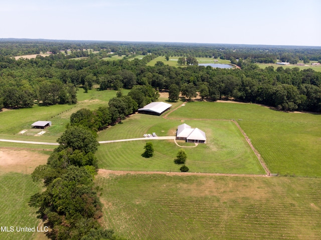 drone / aerial view featuring a water view and a rural view