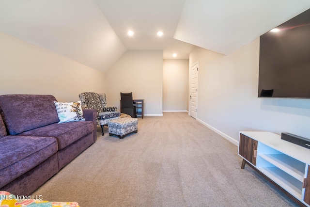 living room with vaulted ceiling and light carpet