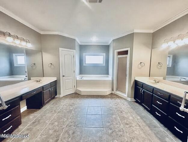 bathroom with separate shower and tub, a healthy amount of sunlight, and vanity