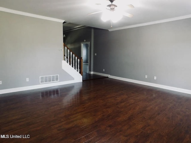 unfurnished living room with ornamental molding, ceiling fan, and dark hardwood / wood-style floors