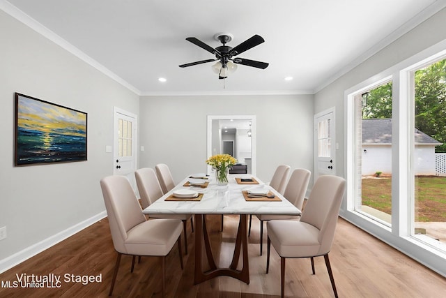 112 Louis Wilson Dr, Brandon, MS 39042 - dining room featuring light wood-style flooring, ornamental molding, recessed lighting, and a ceiling fan