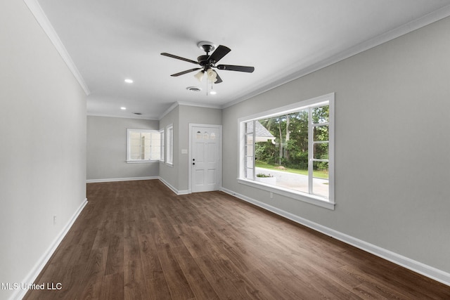112 Louis Wilson Dr, Brandon, MS 39042 - empty room with ornamental molding, dark wood-style flooring, ceiling fan, and recessed lighting