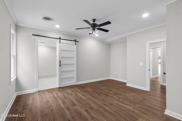 112 Louis Wilson Dr, Brandon, MS 39042 - unfurnished bedroom featuring a barn door, ornamental molding, dark wood-style floors, recessed lighting, and ceiling fan