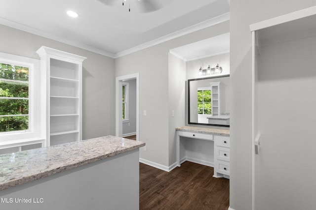 112 Louis Wilson Dr, Brandon, MS 39042 - unfurnished office with dark wood-type flooring, ornamental molding, a ceiling fan, and built in study area